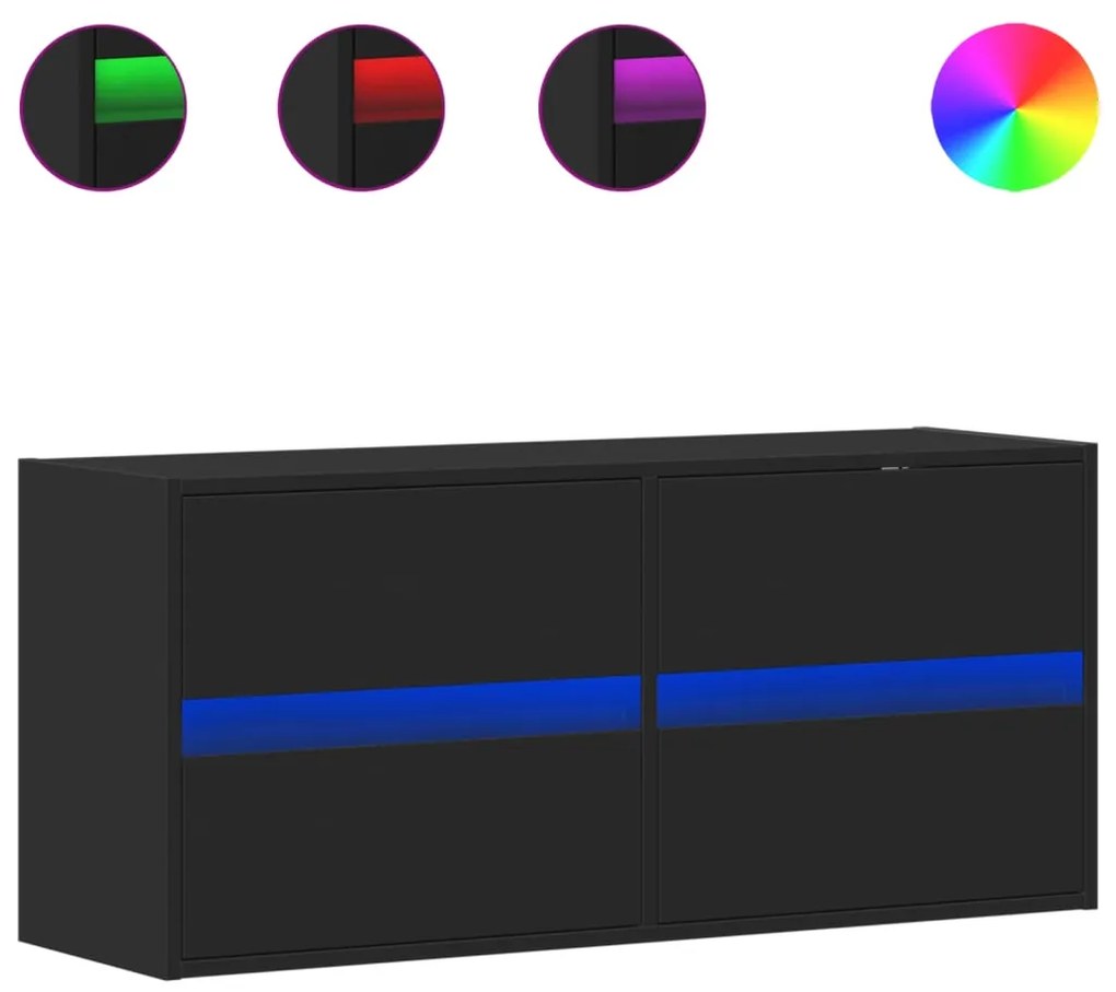 852293 vidaXL Стенен ТВ шкаф с LED осветление, черен, 100x31x45 см