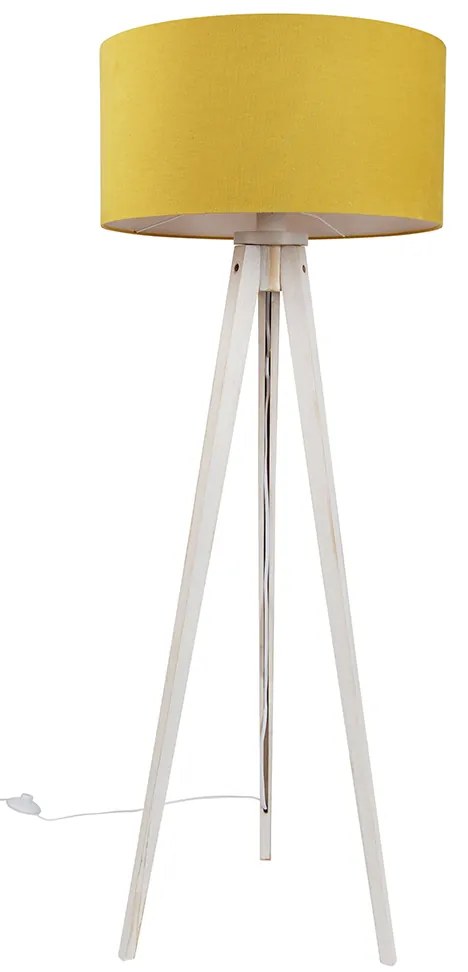 Подова лампа триножник бяла с жълт текстилен абажур 50 см - Tripod Classic