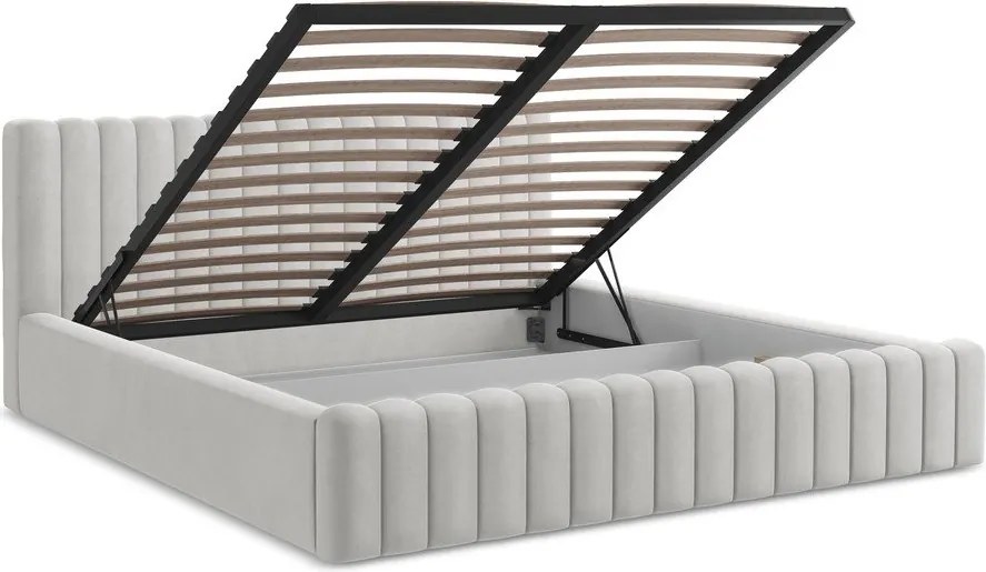 Двойно легло 160x200 cm тапицирано с място за съхранение с включена подматрачна рамка в сребрист цвят Lemi – Makamii