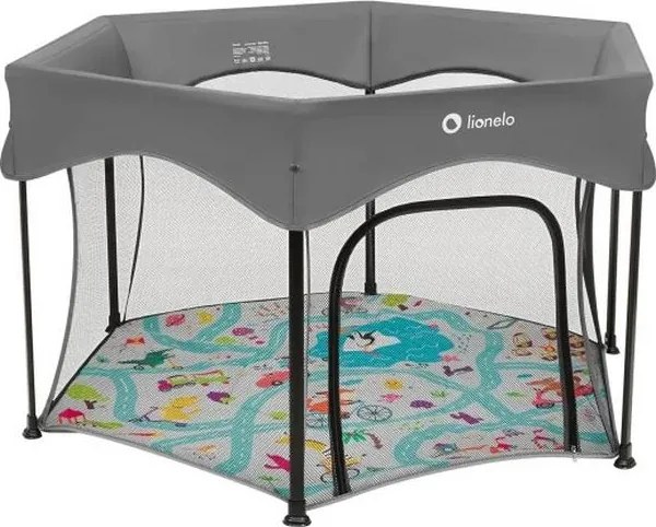 Lionelo - Бебешка игрална кошара ROEL PLUS, сива/многоцветна