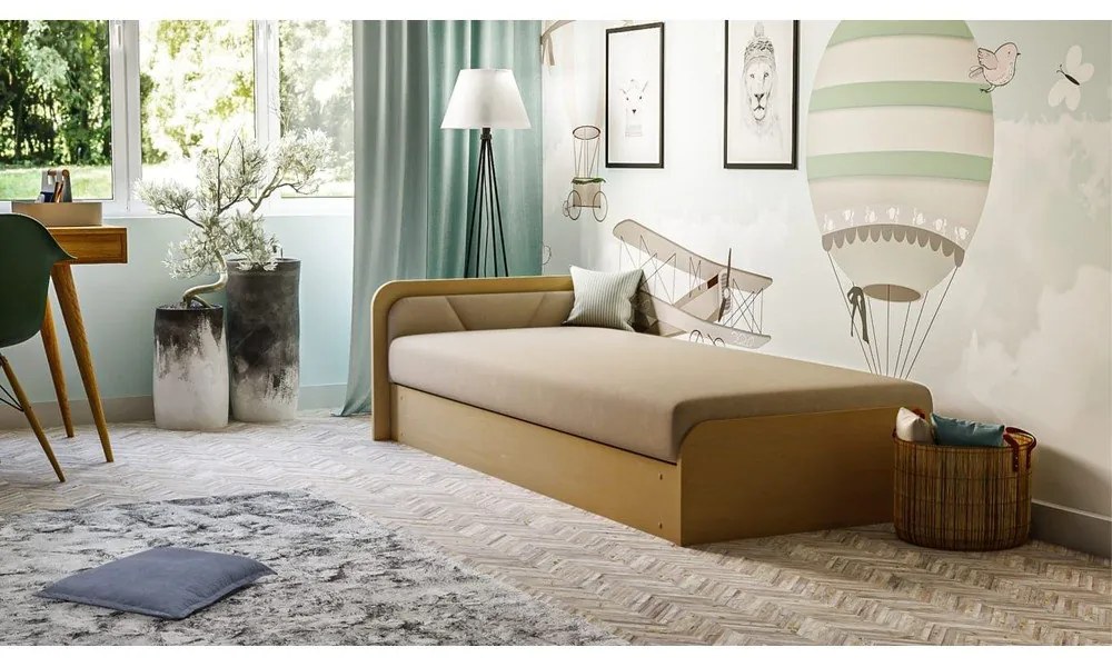 Единично тапицирано легло ПДЧ с място за съхранение с включен матрак в цвят жълта охра бежово 80x190 cm Parys – ELTAP