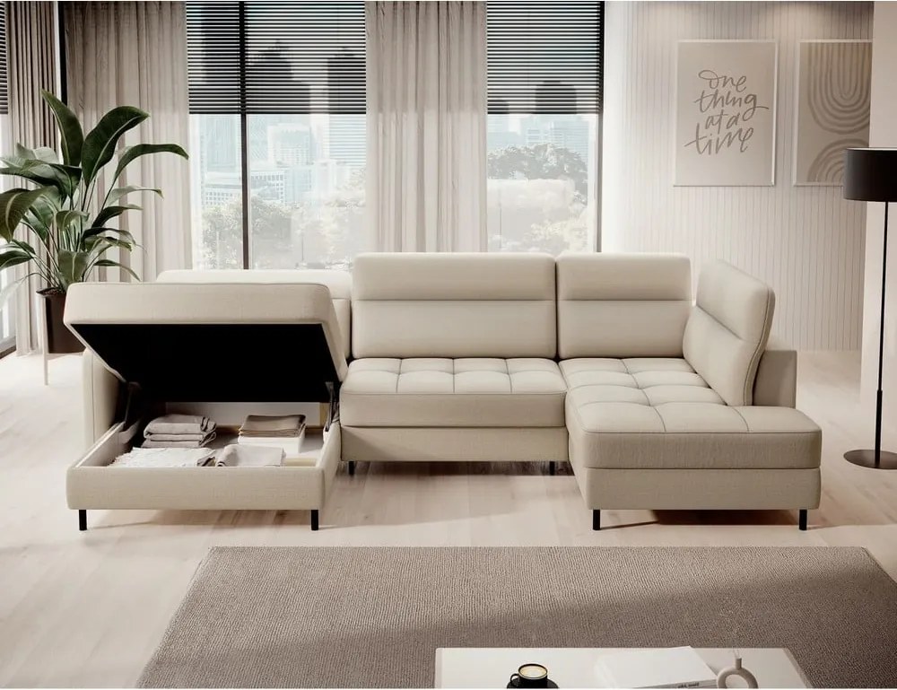 Бежов кадифен разтегателен ъглов диван с място за съхранение (десен ъгъл U форма) Berrto – ELTAP