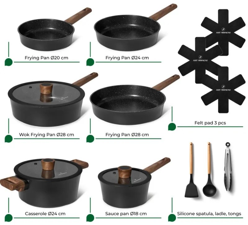 Комплект тенджери и тигани Just Perfecto JL-111, 15 части, Отливка, Гранитно покритие, Индукция, Аксесоари, Черен