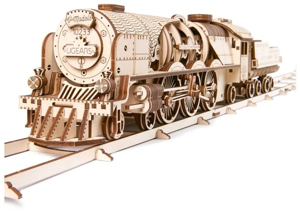 Ugears - 3D дървен механичен пъзел V-Express парен локомотив с тендер