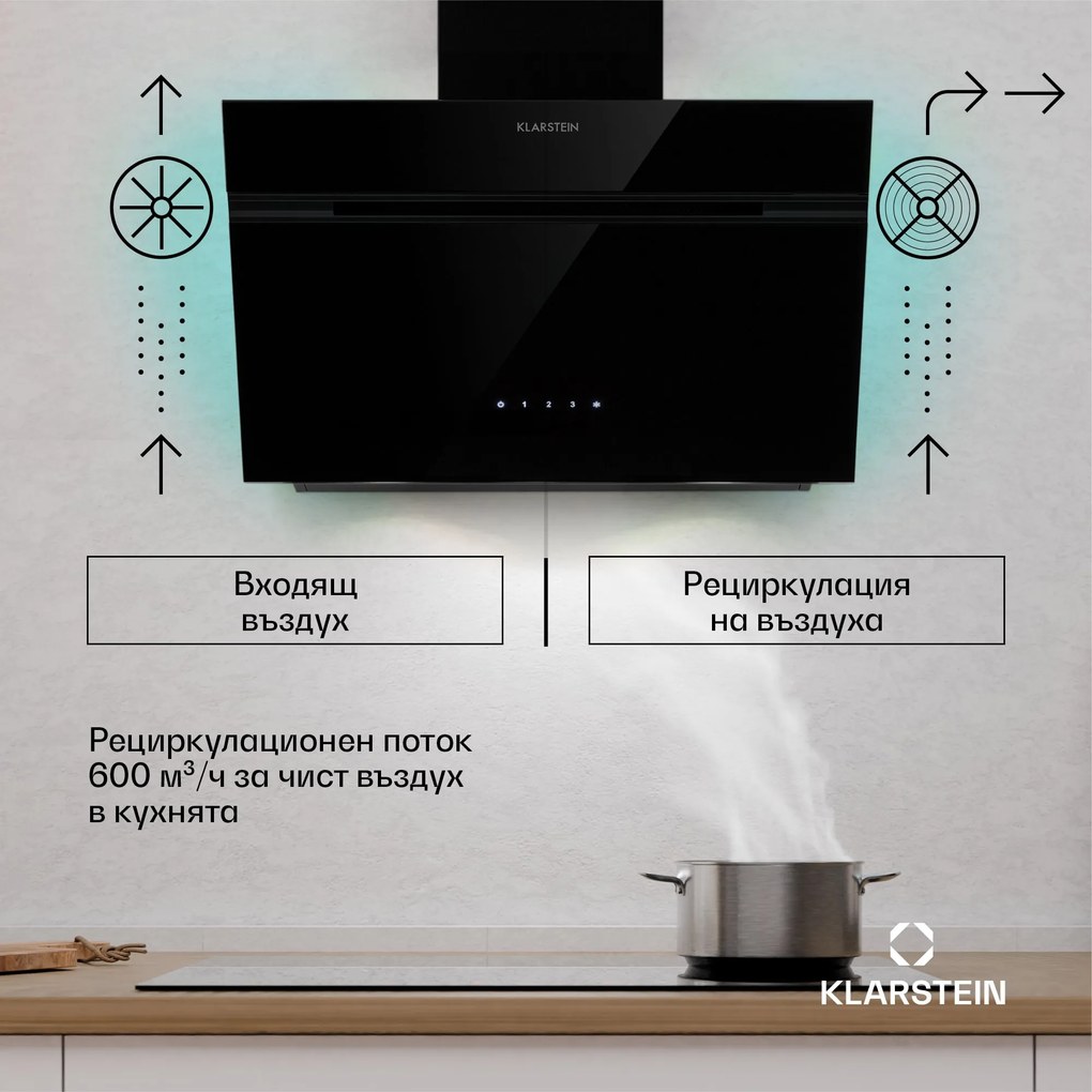 Klarstein Абсорбатор Alina, EEK A, Touch, LED осветление, Извличане/рециркулация, 600 м³/ч