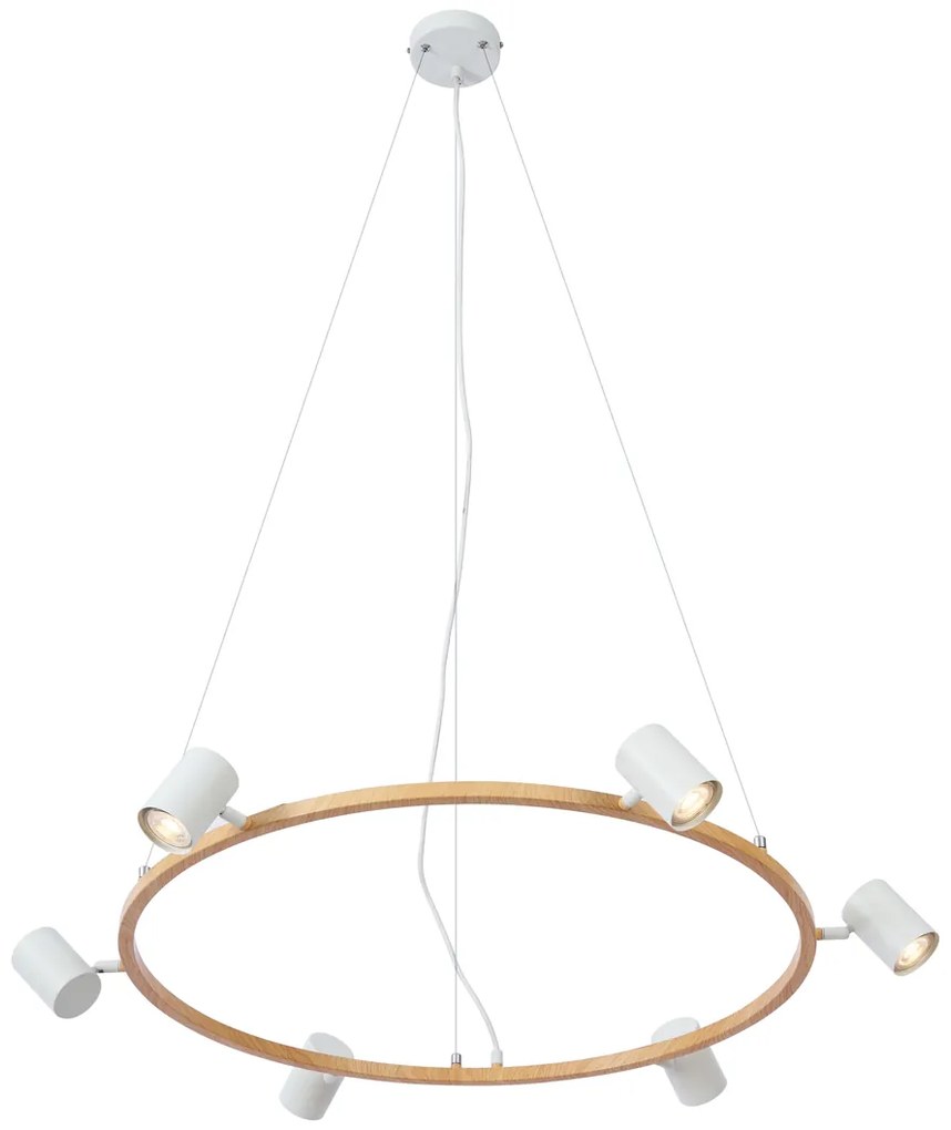 Модерен висящ лампион с дървен принт и бял цвят с 6 светлини - Jeana Circle