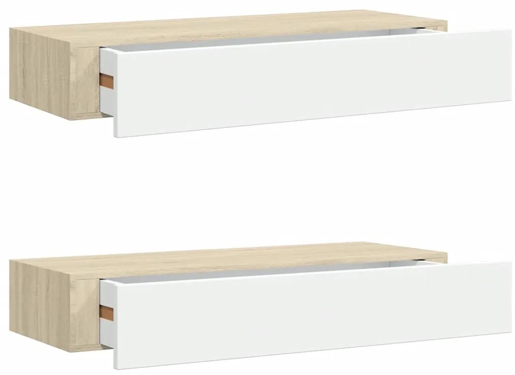 330264 vidaXL Стенни рафтове с чекмеджета 2 бр дъб и бял 60x23,5x10 см МДФ