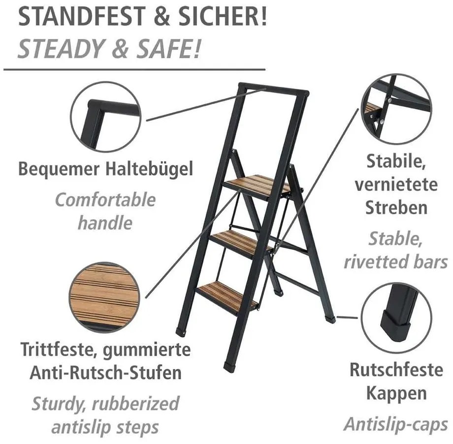 Черна алуминиева нехлъзгава сгъваема стълба Stepladder III. - Wenko