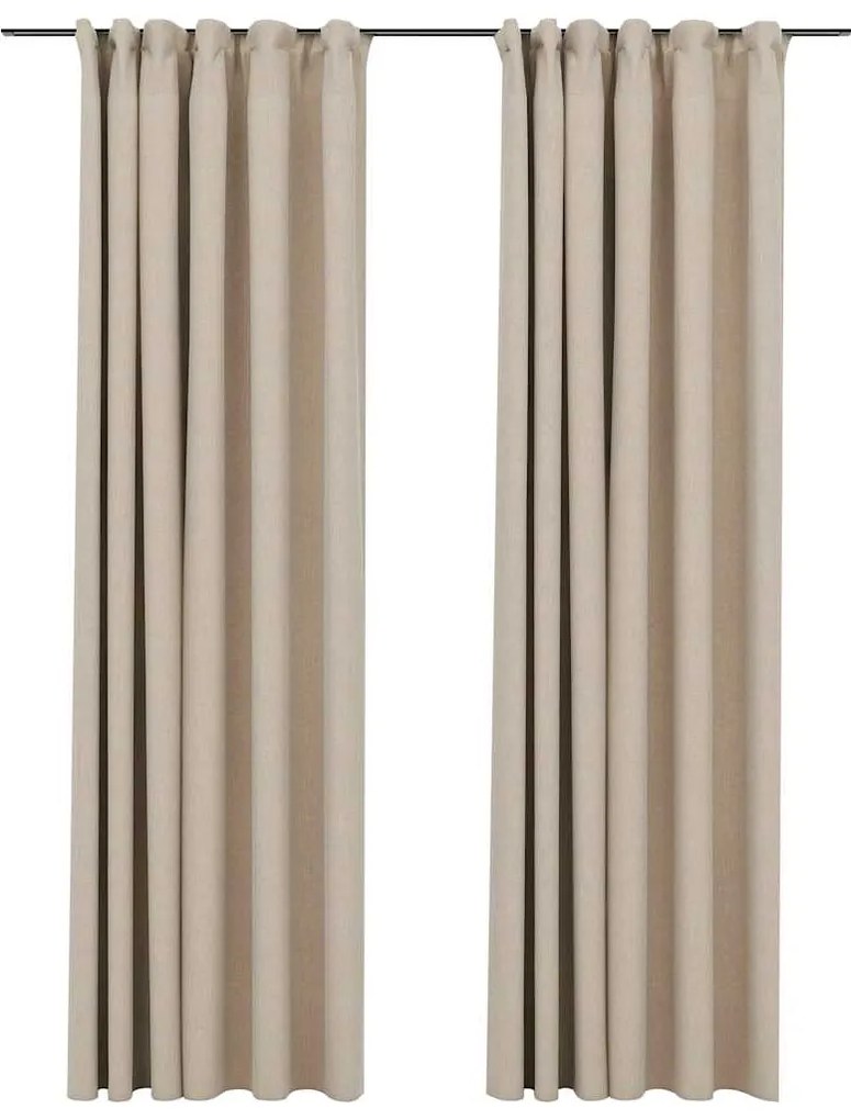 321214 vidaXL Затъмняващи завеси с куки имитация лен 2 бр бежови 140x245 см