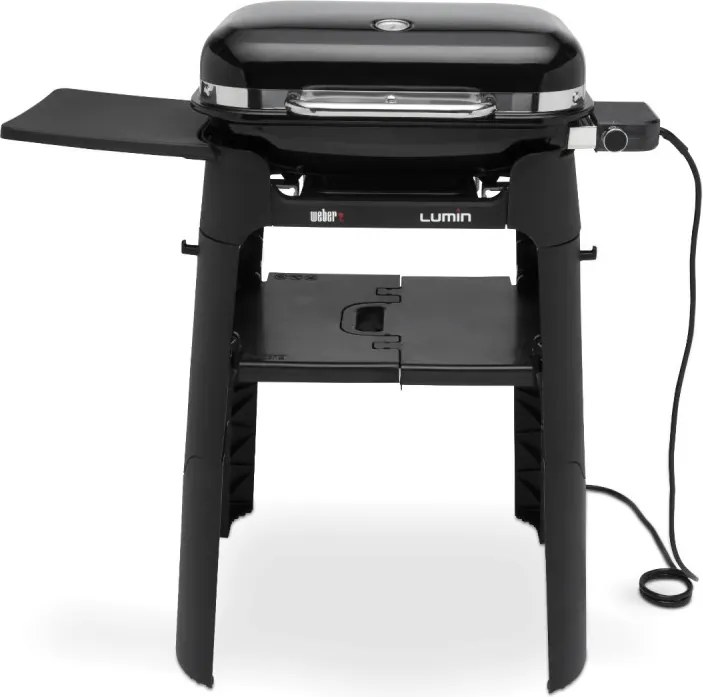 Електрическо барбекю със стойка Weber Lumin WB92010879DL, 2200 W, Сгъваема стойка, 315C, Емайлирани с порцелан чугунени скари, Страничен рафт, Черен