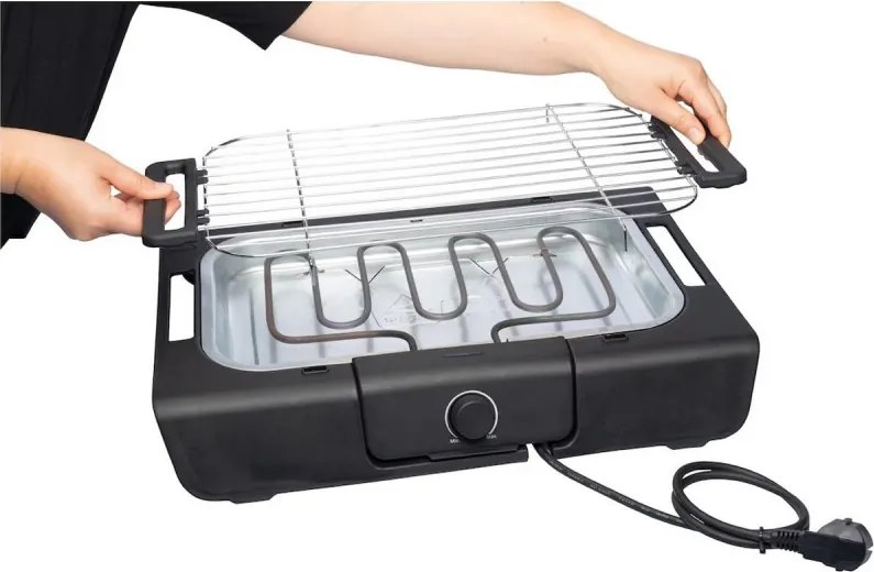 Електрическа скара Royalty Line RL-SBGT2000, 2000W, 38х28 см, Сгъваема стойка, 200C, Термостат, Тава за отцеждане, Черен