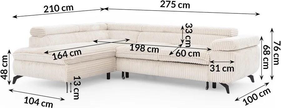 Кремав ъглов диван от рипсено кадифе (ляв ъгъл L форма) Marbeya – Ropez