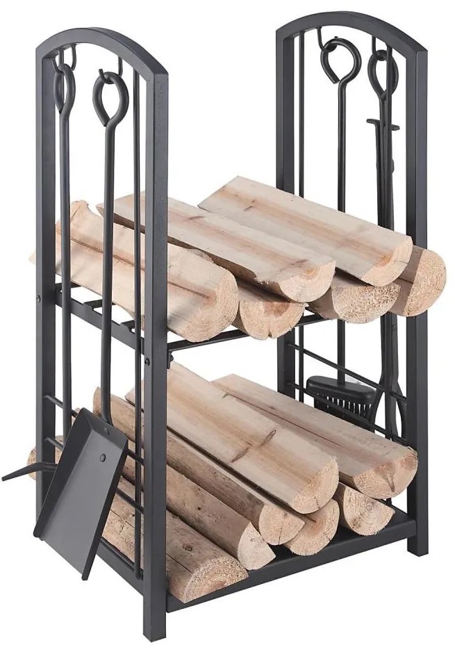 Кош за дърва с инструменти за камина 5 бр. черен