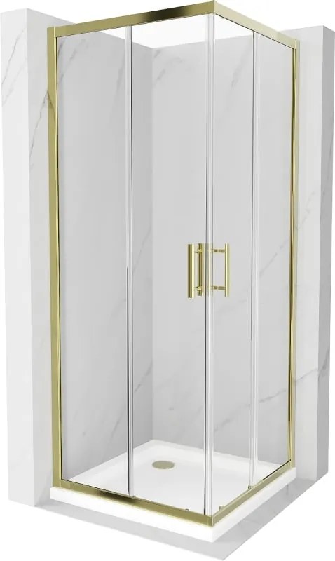 Mexen Rio квадратна душ кабина 90 x 90 см, прозрачна, златна + корито Flat, бяло