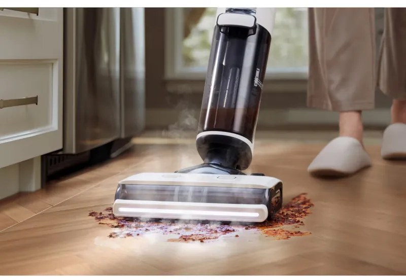 Вертикална прахосмукачка Tineco Floor One S7 Steam Plus 4В1, 240W, Сухо/Мокро, 0.7 л мръсна/0.8 л чиста, LED екран и осветление, Пара + сушене, Бял/черен