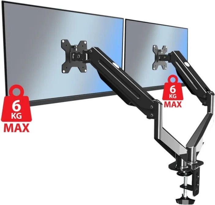 Стойка за монитори Esperanza ERW020, 17"-27", За 2 монитора, Пружинен механизъм, VESA 75/100 mm, До 6 кг на рамо, Черен