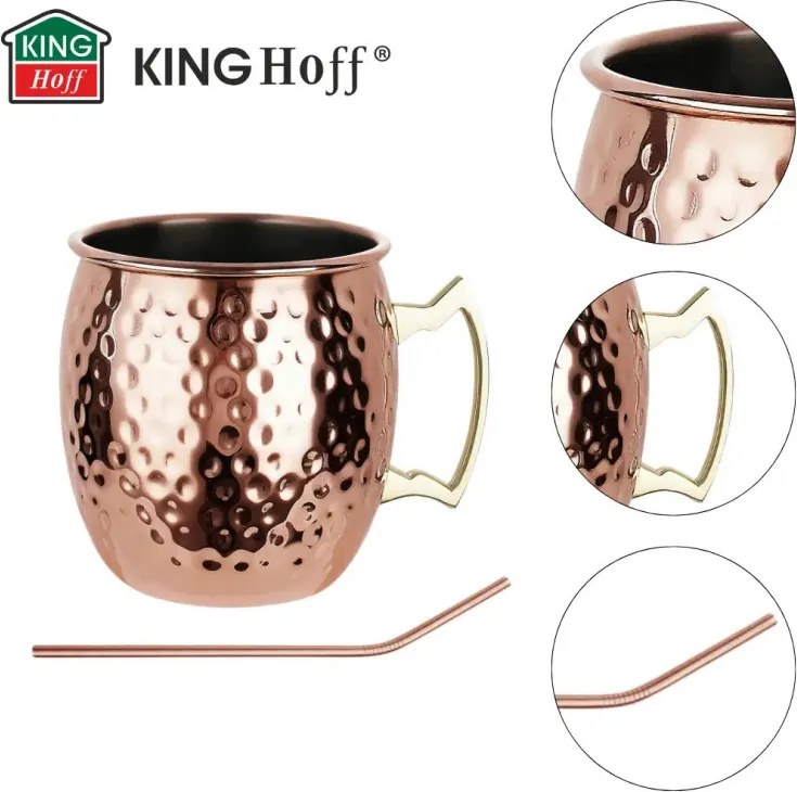 Комплект чаши за Moscow Mule Kinghoff KH 2000, 2 бр, 500мл, 2 сламки, Неръждаема стомана, Меден цвят