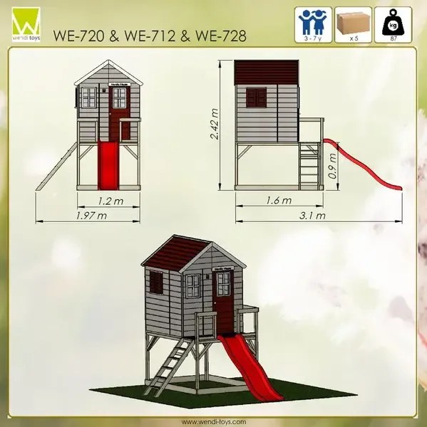 Детска къщичка за игра My Lodge с платформа и пързалка - 3 цвята