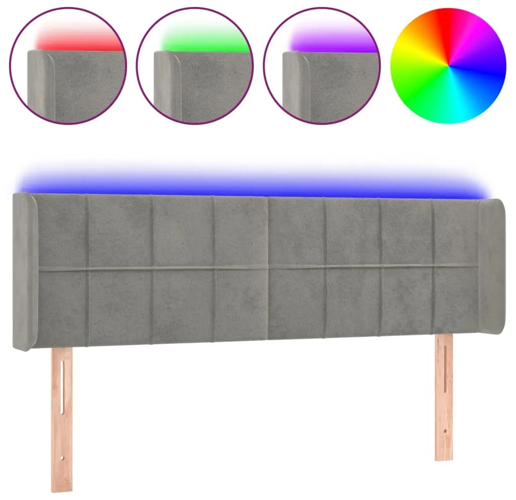 3123284 vidaXL LED горна табла за легло, светлосива, 147x16x78/88 см, кадифе