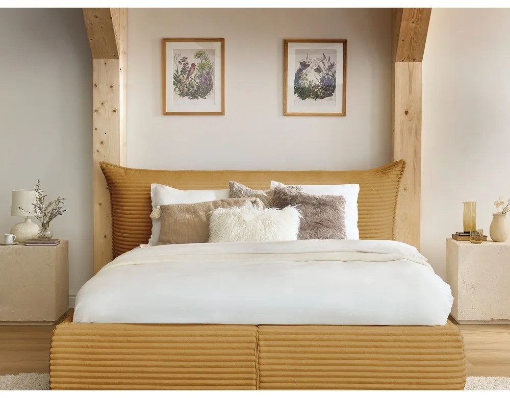 Жълто двойно тапицирано легло с място за съхранение с включена подматрачна рамка 180x200 cm Jade – Bobochic Paris