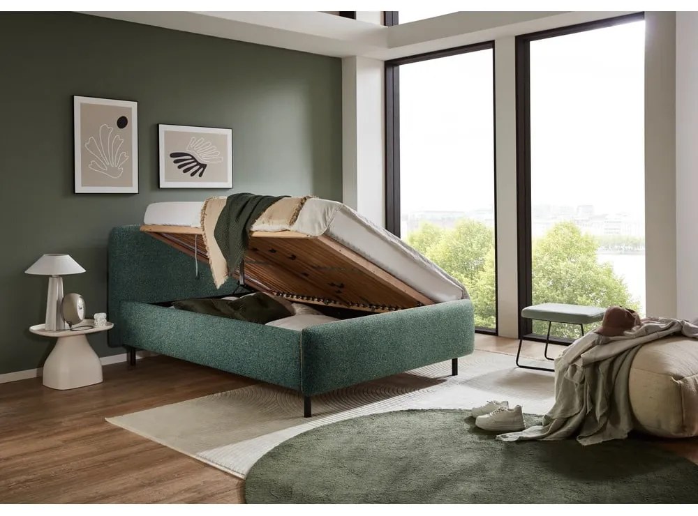 Тъмнозелено двойно легло 160x200 cm тапицирано с място за съхранение с включена подматрачна рамка Primo – Meise Möbel