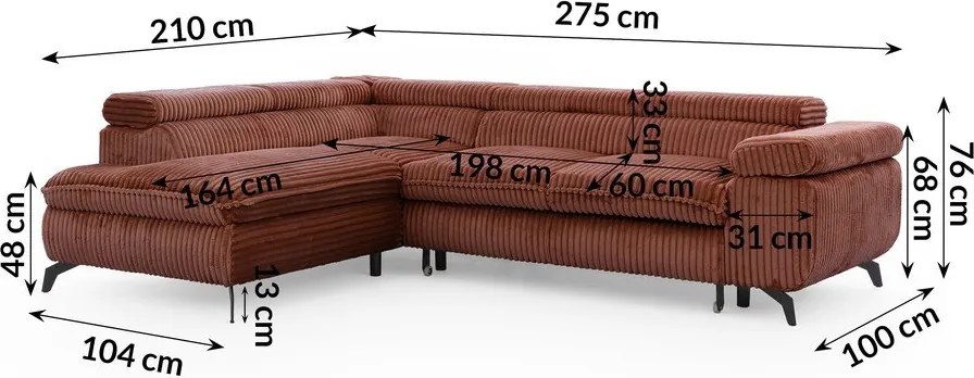 Теракотен ъглов диван от рипсено кадифе (ляв ъгъл L форма) Marbeya – Ropez