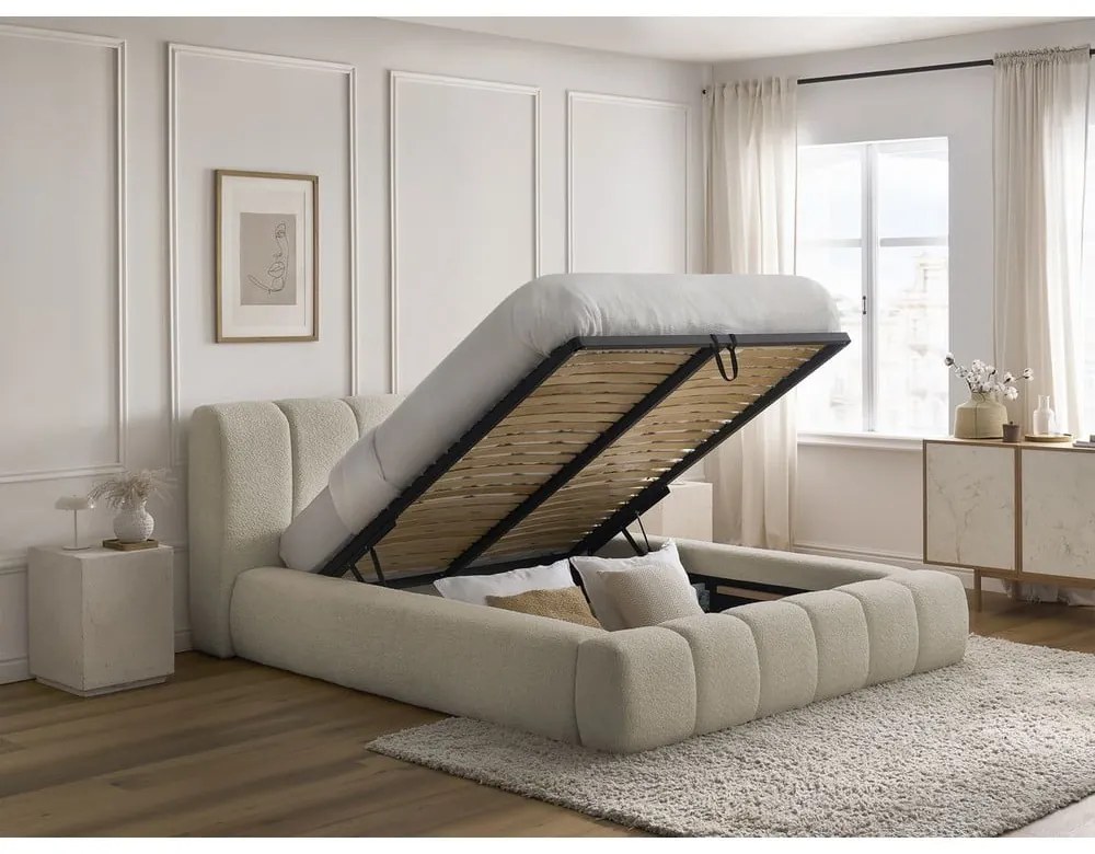 Бежово двойно тапицирано легло с място за съхранение с включена подматрачна рамка 140x190 cm Denali – Bobochic Paris