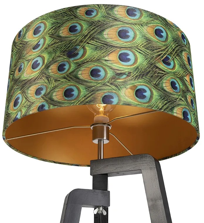 Подова лампа триножник черна с абажур с дизайн на паун 50 см - Puros