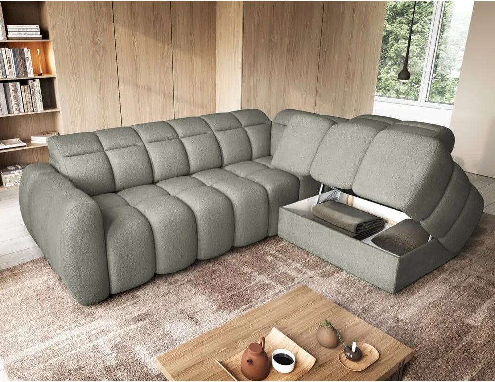 Сиво-зелен разтегателен ъглов диван с място за съхранение от букле (десен ъгъл L форма) Falconn – ELTAP