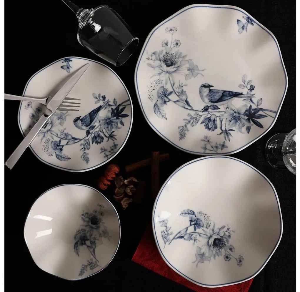 Сервиз за хранене, 24 части, бял/син, порцелан