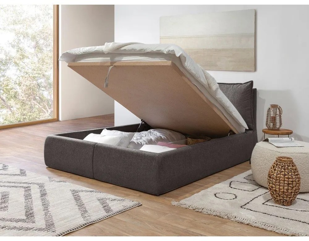 Тъмносиво двойно тапицирано легло с място за съхранение с включена подматрачна рамка 180x200 cm Garance – Bobochic Paris