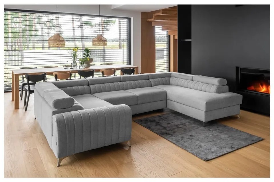 Светлосив разтегателен ъглов диван с място за съхранение (десен ъгъл U форма) Louis – ELTAP