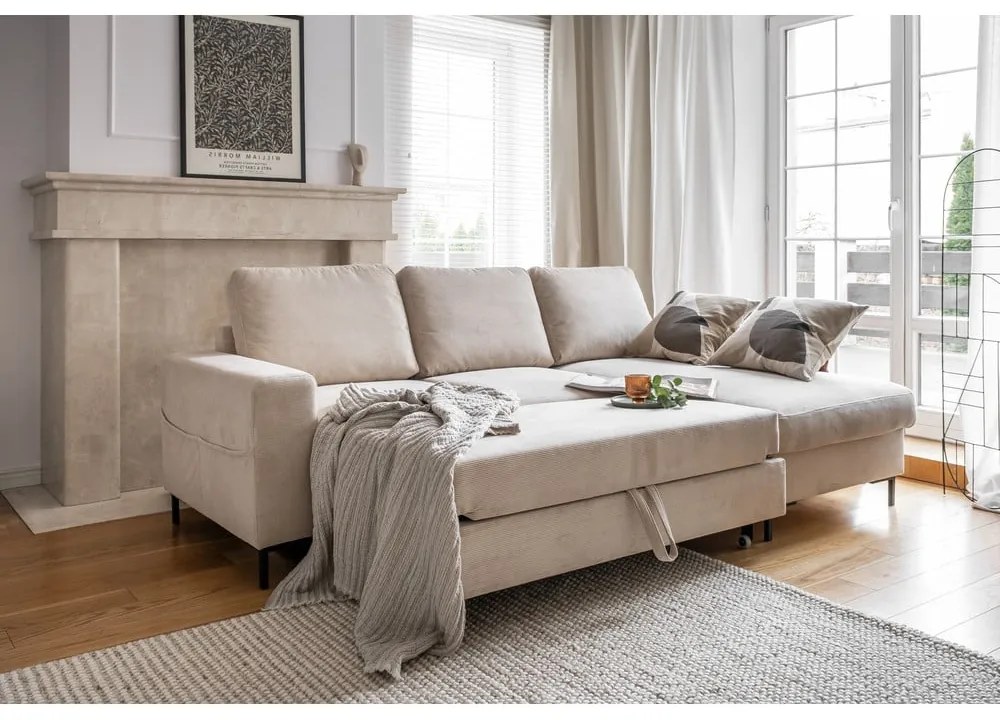 Бежов разтегателен ъглов диван от рипсено кадифе (десен ъгъл) Lofty Lilly – Miuform