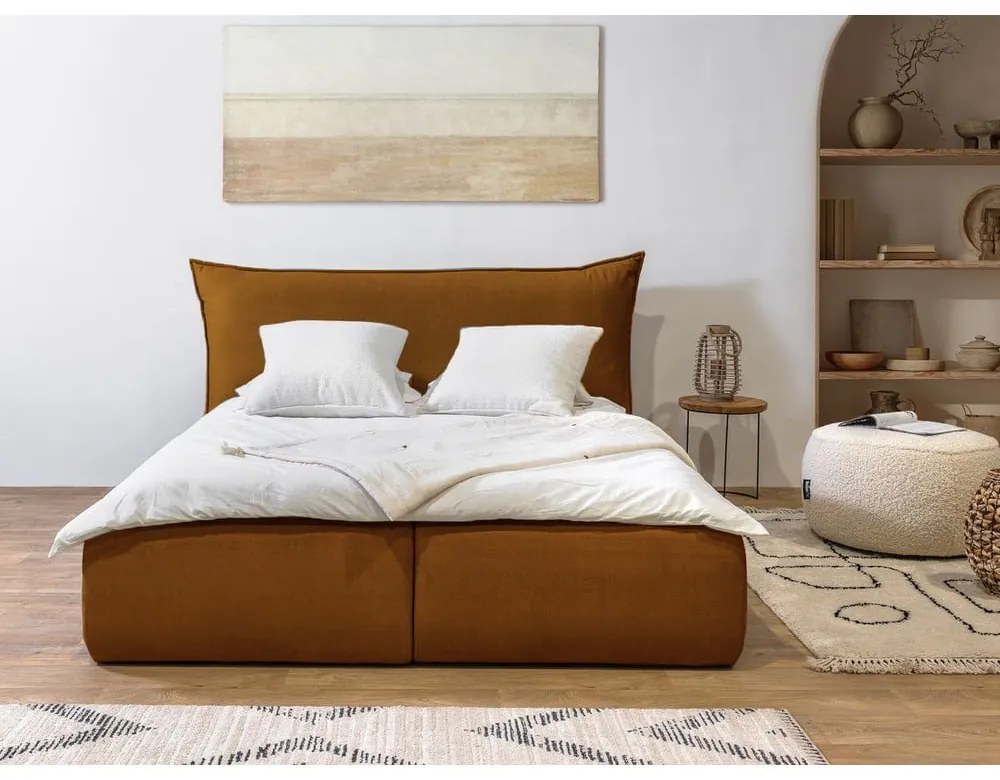 Жълто тапицирано двойно легло с решетка и място за съхранение 180x200 cm Jade - Bobochic Paris