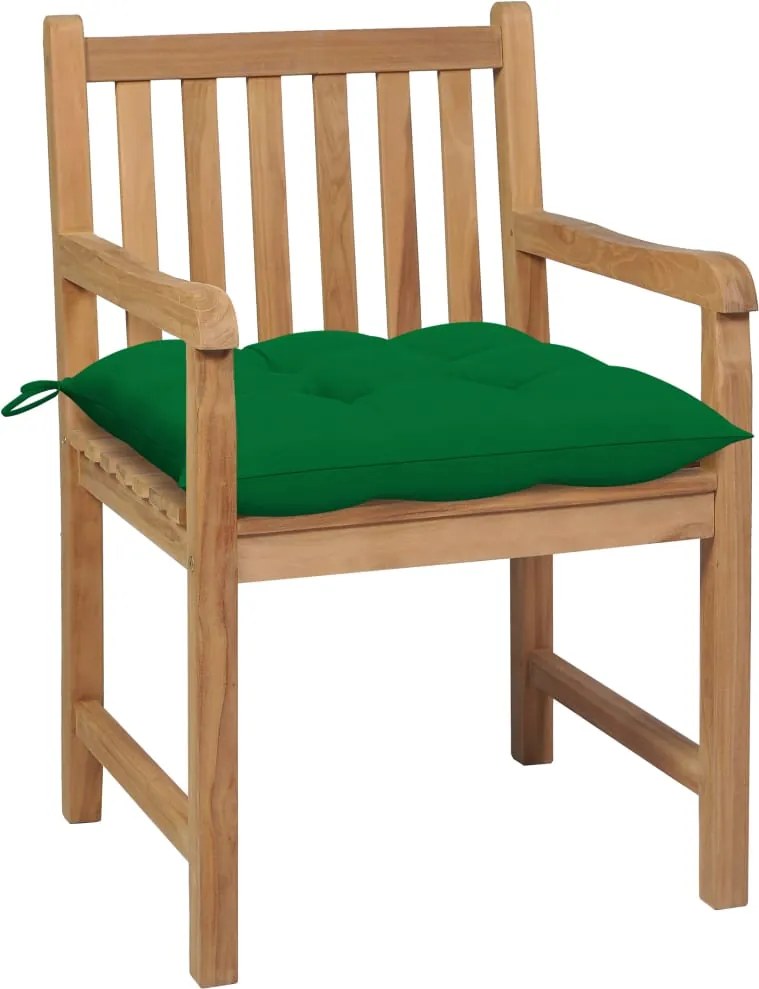3062750 vidaXL Градински столове, 2 бр, зелени възглавници, тиково дърво масив