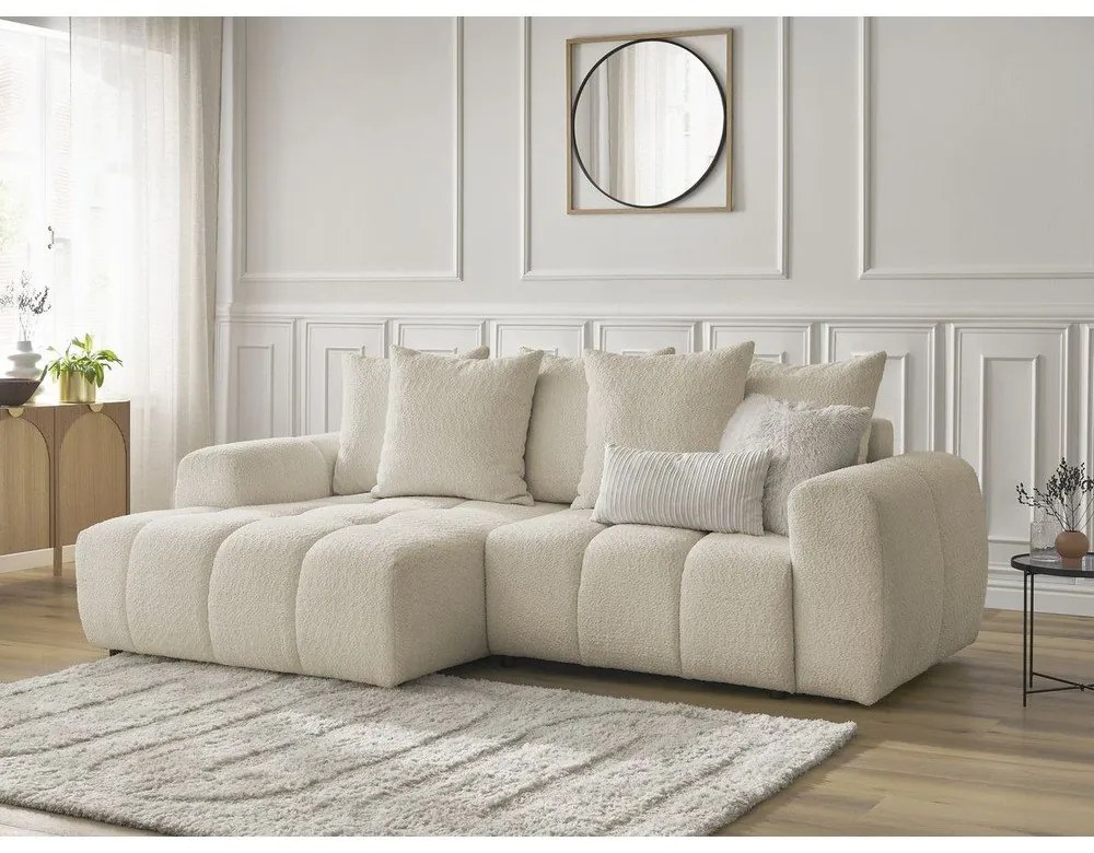 Бежов разтегателен ъглов диван с място за съхранение от букле (ляв ъгъл) Roxelane – Bobochic Paris