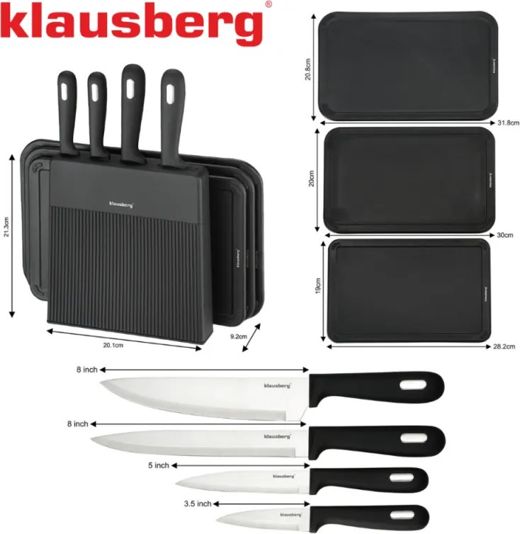 Комплект ножове и дъски за рязане Klausberg KB 7980, 8 части, Неръждаема стомана, Стойка, Черен/инокс