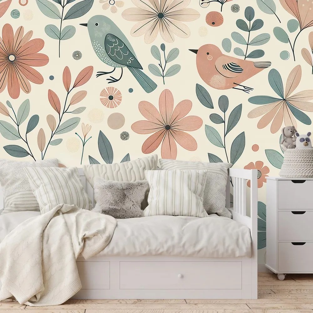 Фототапет – Пастелни птички и цветя