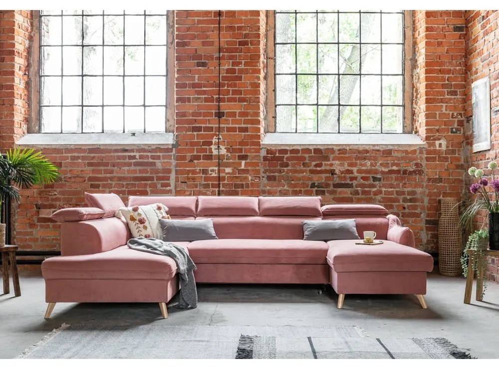 Светлорозов кадифен U-образен ъглов разтегателен диван (ляв ъгъл) Sweet Harmony - Miuform