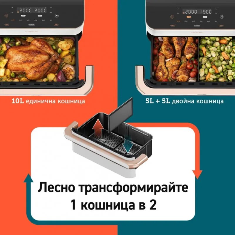 Двоен фритюрник с горещ въздух Cosori Dual Blaze TwinFry CAF-TF101S, 10 л, 6 програми, 35-240 C, Таймер, ThermoIQ, Синхронизирано готвене и приключване, Бял
