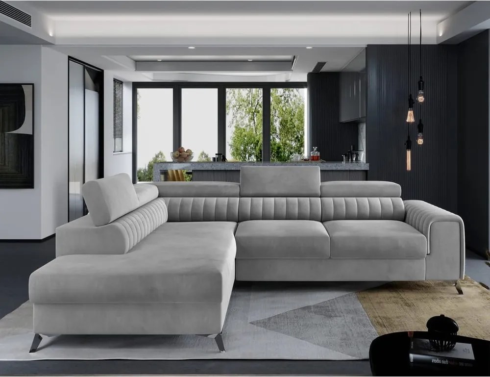 Сив кадифен разтегателен ъглов диван с място за съхранение (ляв ъгъл L форма) Laurence – ELTAP