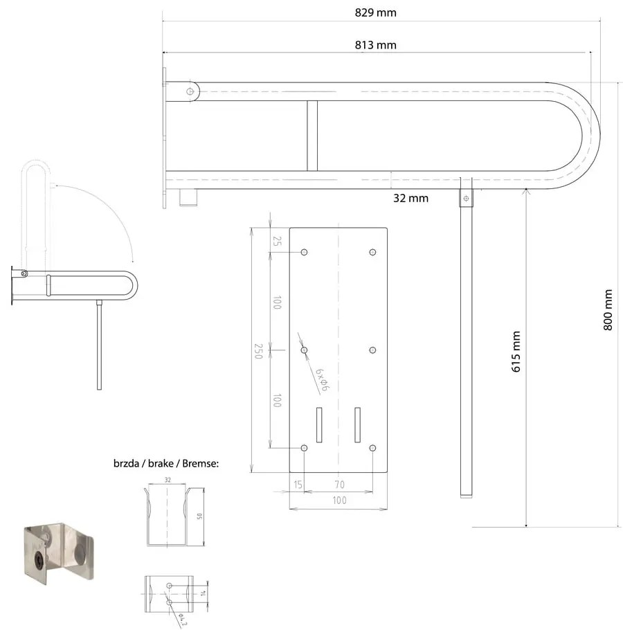 Стенен стоманен парапет за баня 83 cm Handicap – Sapho