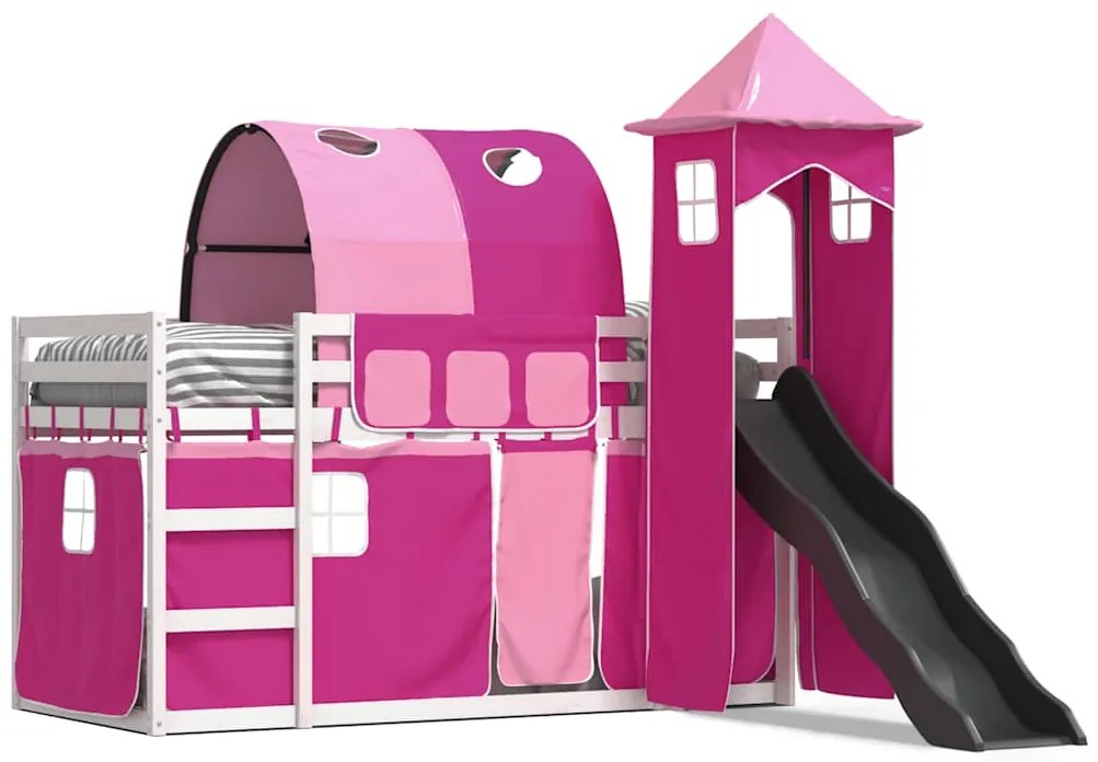 3284184 vidaXL Двуетажно легло с пързалка и завеси, синьо, 90x190 см