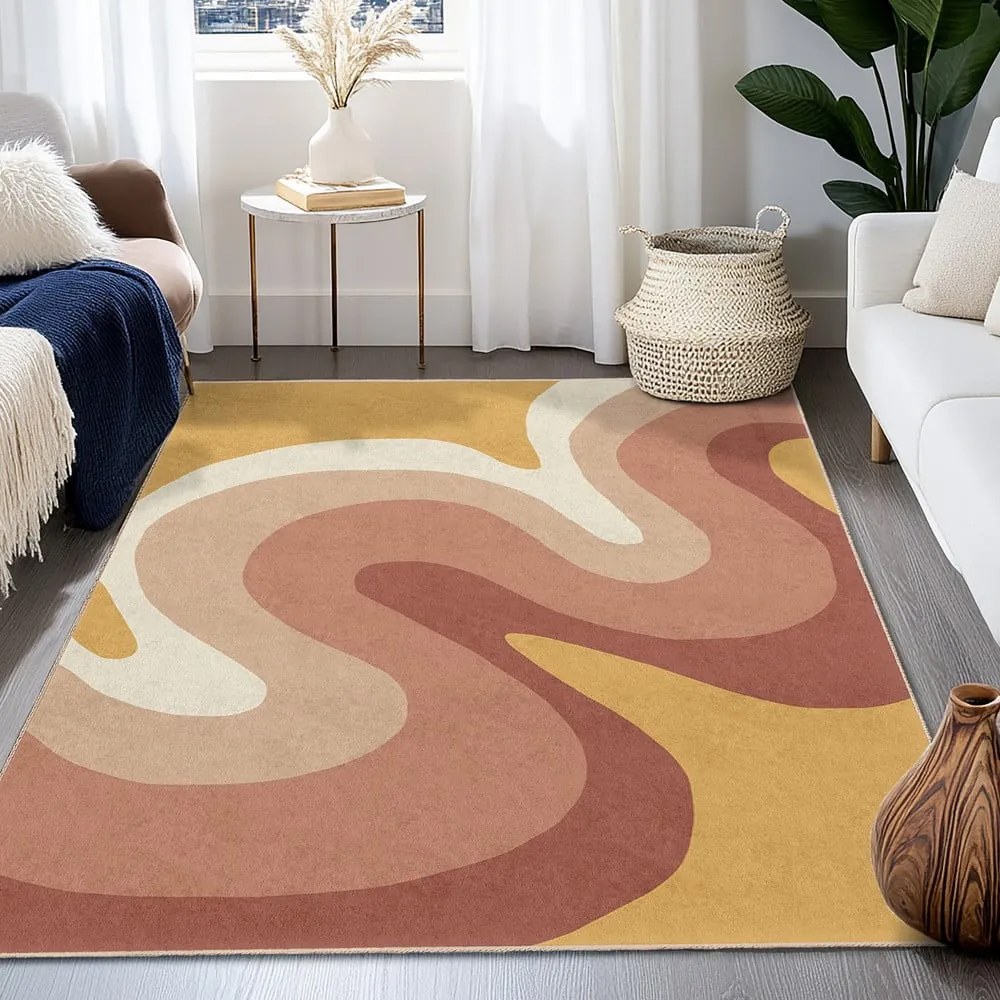 Килим подходящ за пране в цвят жълта охра и сиво-розов 80x150 cm Strawberry Creamsicle – Mila Home