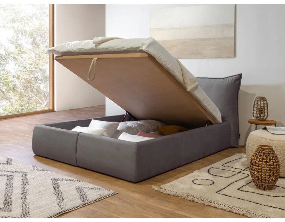 Тъмно сиво тапицирано двойно легло с място за съхранение с решетка 160x200 cm Jade - Bobochic Paris