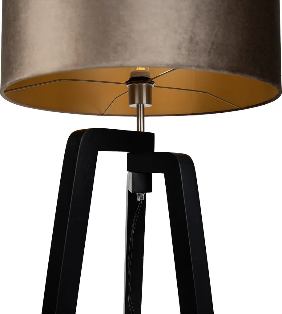 Подова лампа черен трипод с кафяв абажур със златист интериор 50 см - Puros