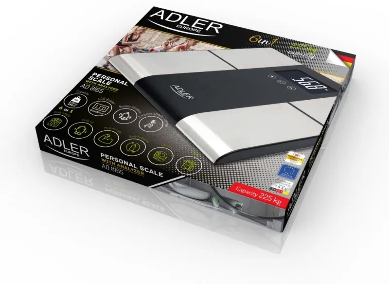 Кантар Adler AD 8165, До 225 кг, Памет за до 10 потребителя, LCD дисплей, 3 x AAA, Инокс/Черен