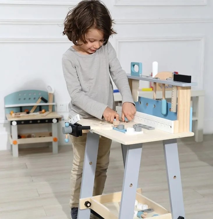 Дървена маса за работилница с инструменти и 32 елемента