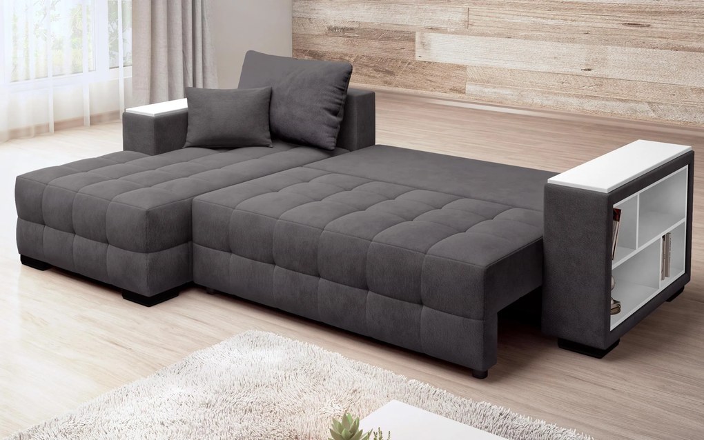 Разтегателен ъглов диван с подлакътник етажерка Мелвин Спринг S