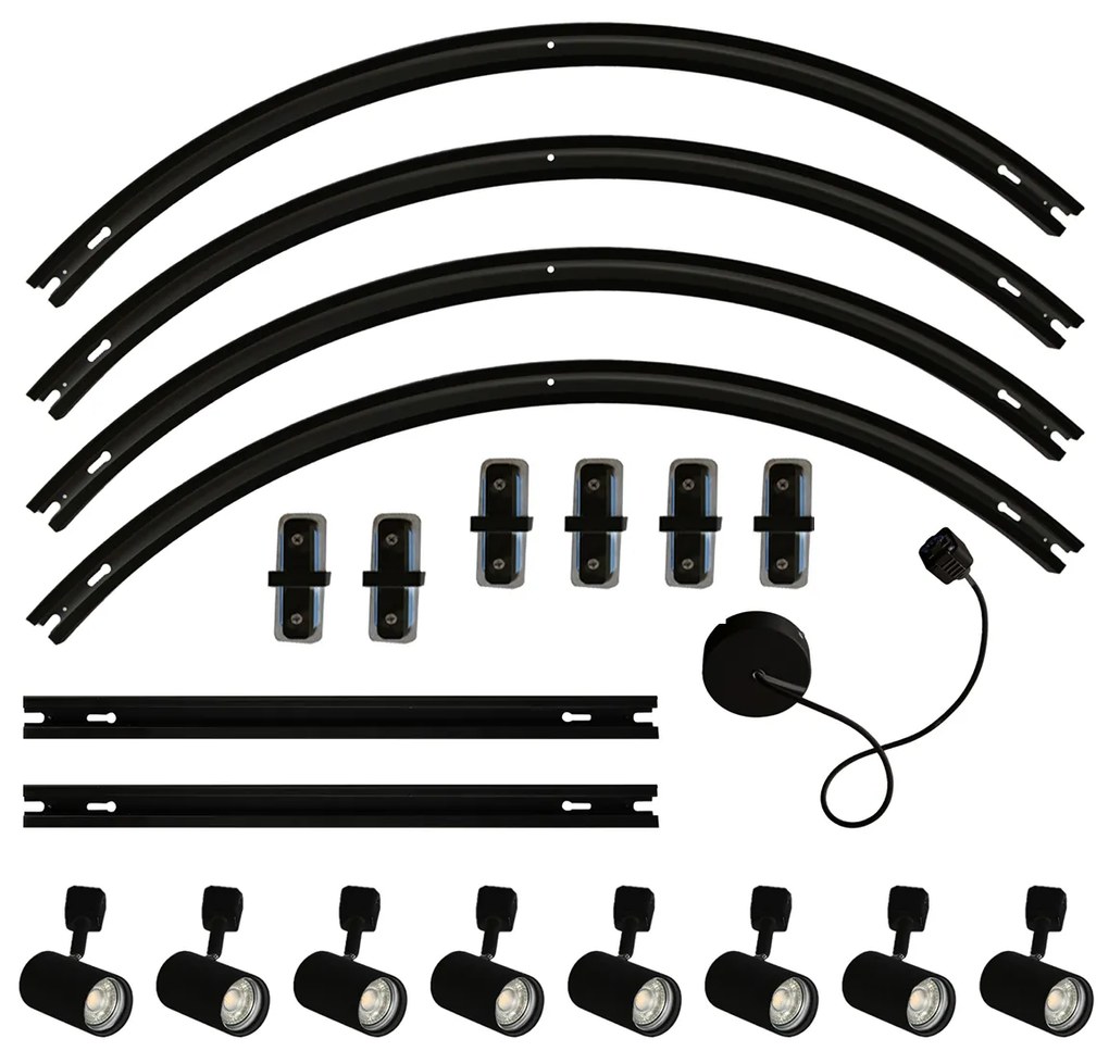 Модерна релсова система за осветление с 8 черни прожектора, 1-фазна, овална, 200см - Iconic Jeana